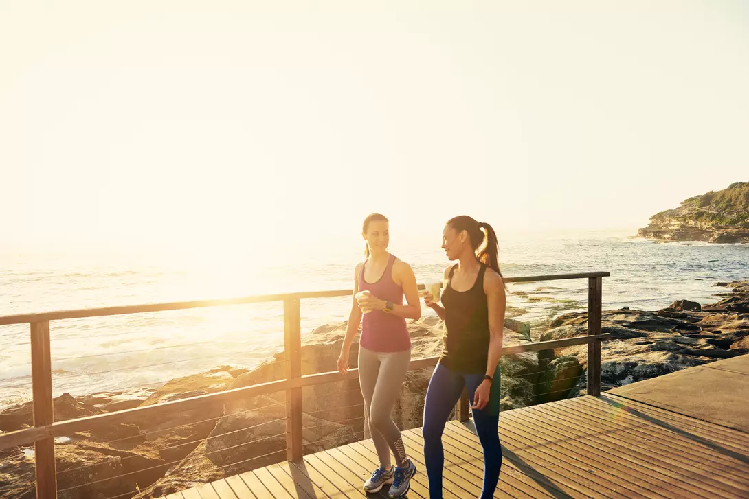 Women walking along the coast