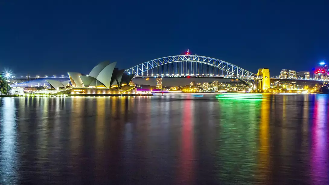Panorama of Sidney by night (Vivid Light), the Opera House, Harbour Bridge