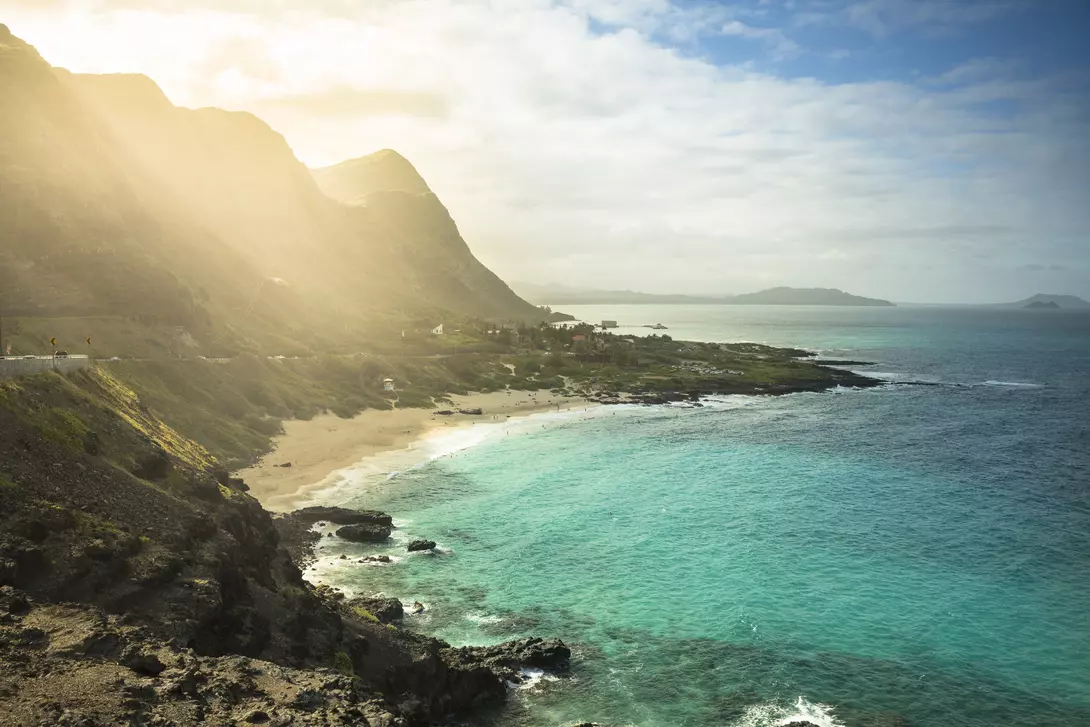 Aerial view of scenic Makapuu Beach and Pacific Ocean shoreline