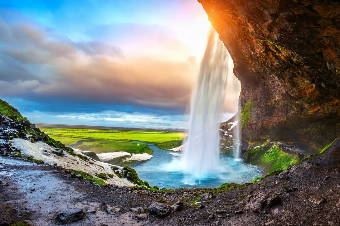 Seljalandsfoss Waterfall during the sunset, Beautiful waterfall in Iceland.