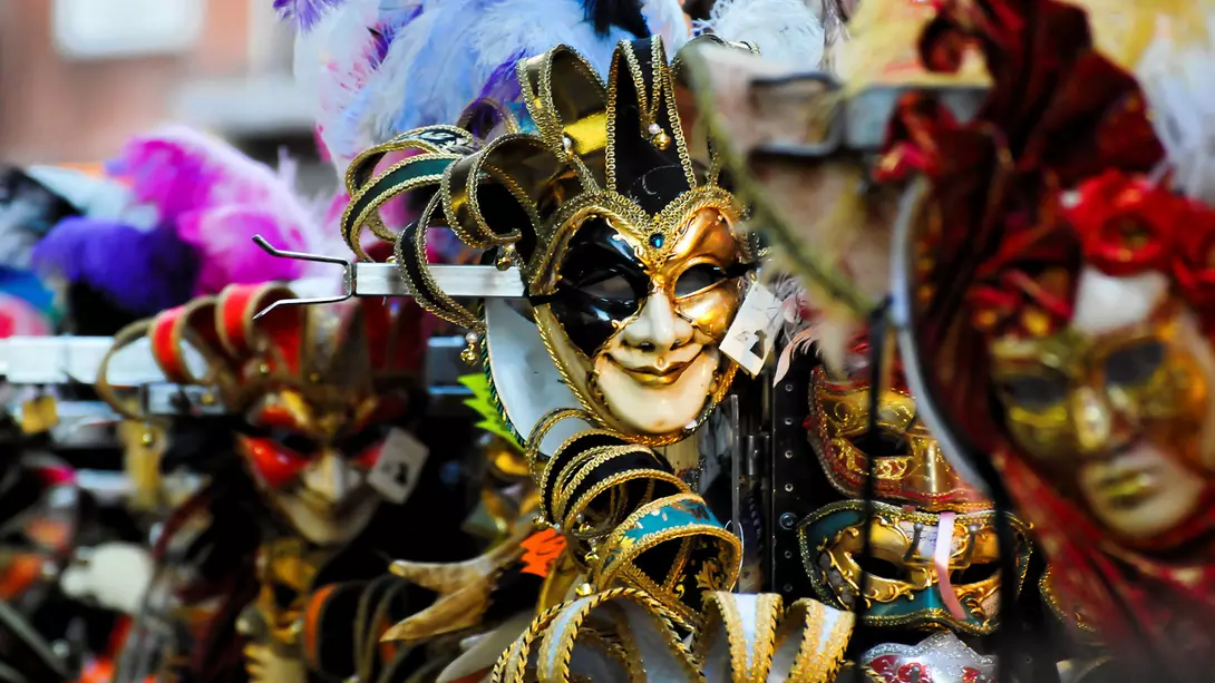 A bunch of masks during Venice Carnival in Italy.