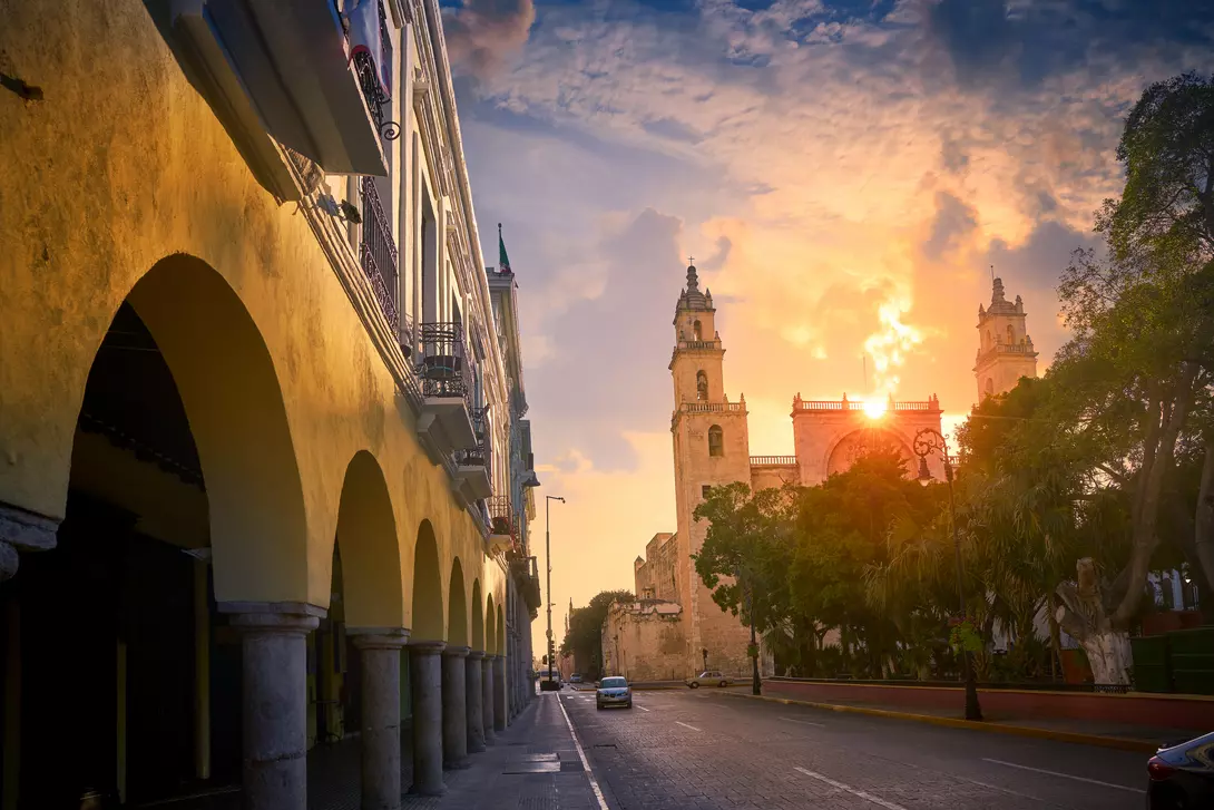 cathedral at sunset in downtown of a mexican city