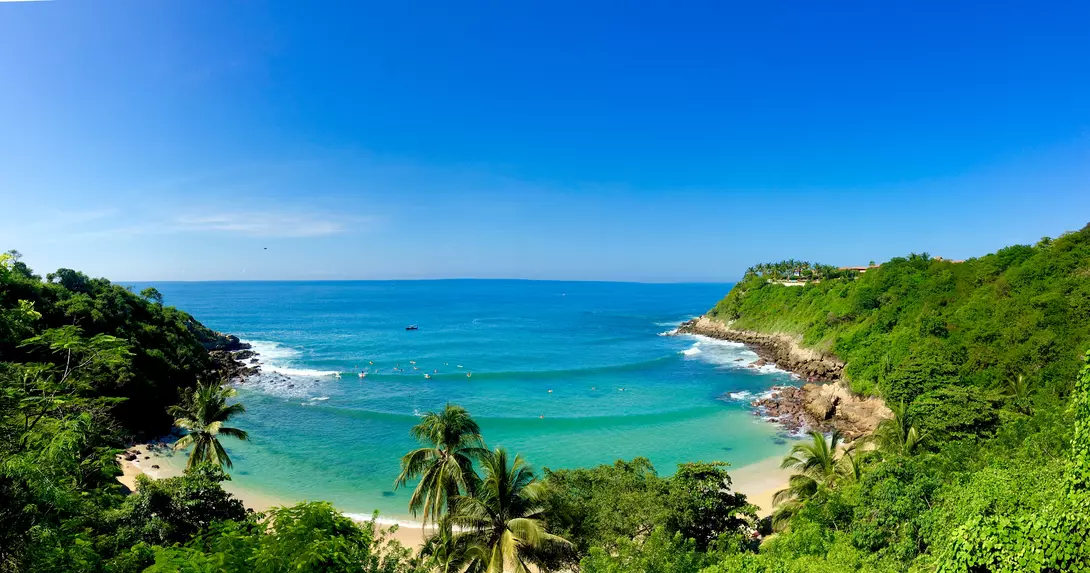 Panoramic view of Carrizalillo beach in Oaxaca Mexico.