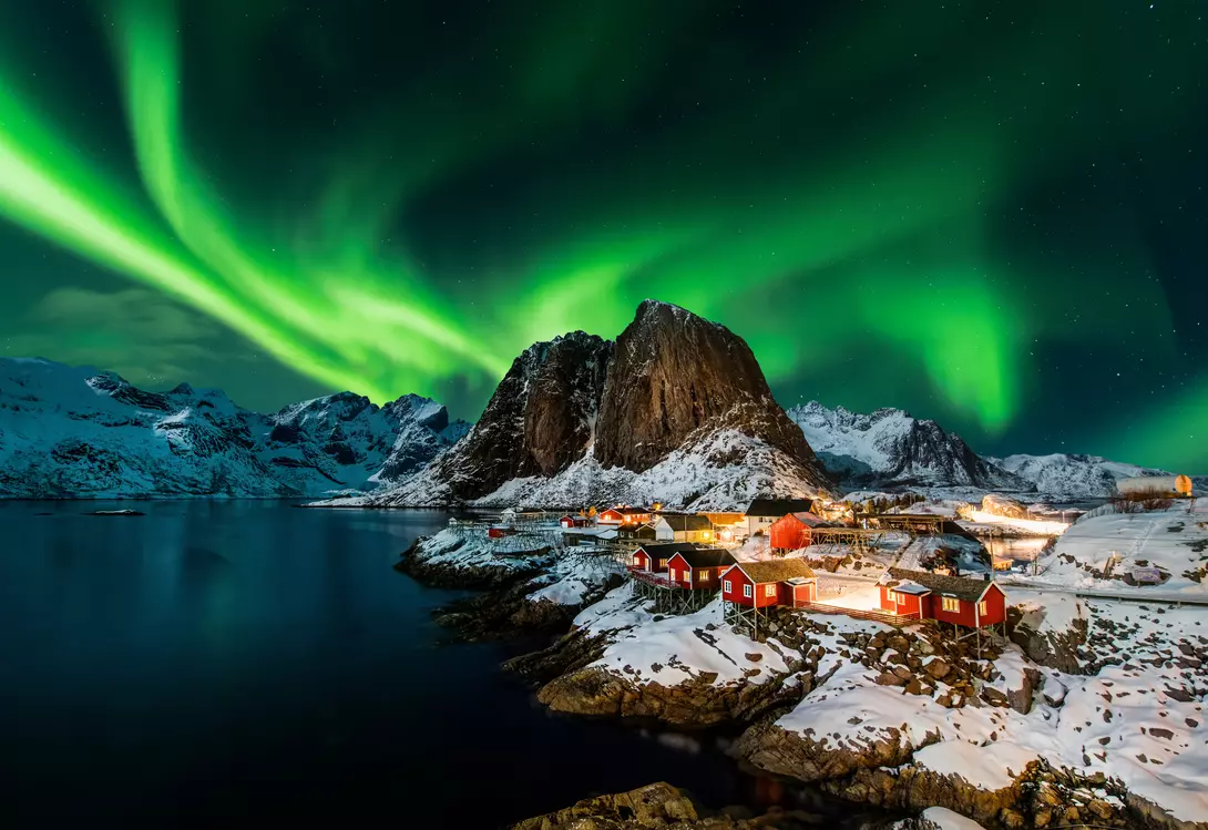 Aurora borealis over Hamnoy in Norway.
