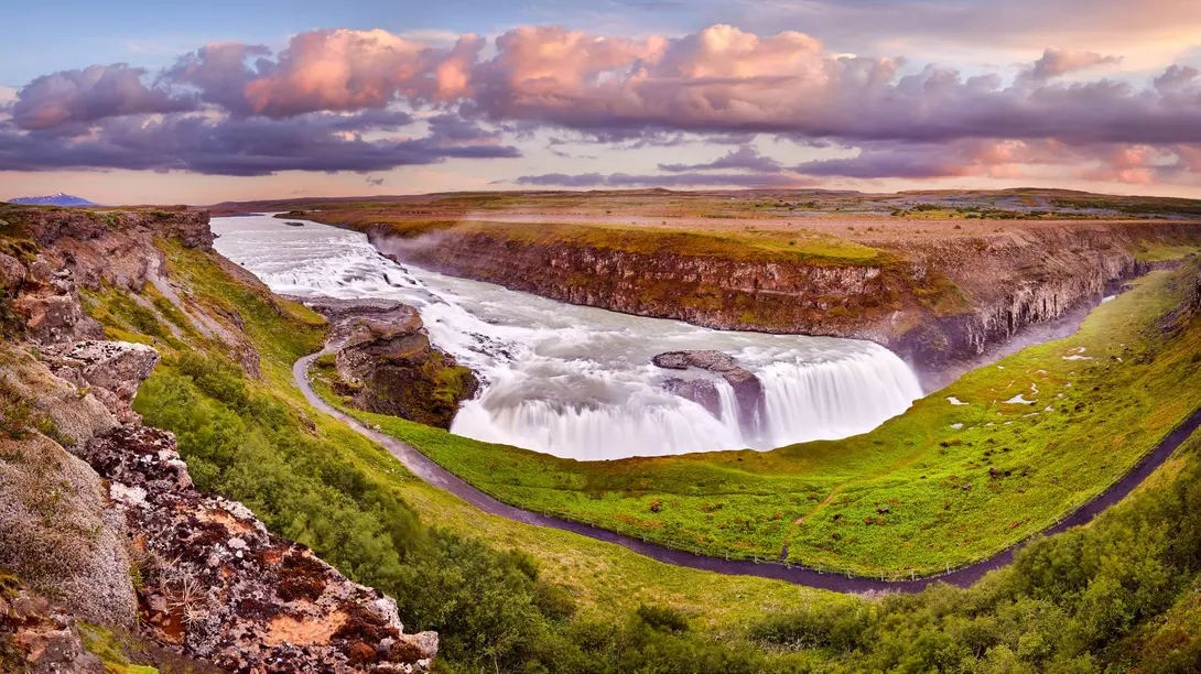 Panoramic view on Gullfoss waterfall on the Hvíta river, a popular tourist attraction and part of the Golden Circle Tourist Route in Southwest Iceland. 