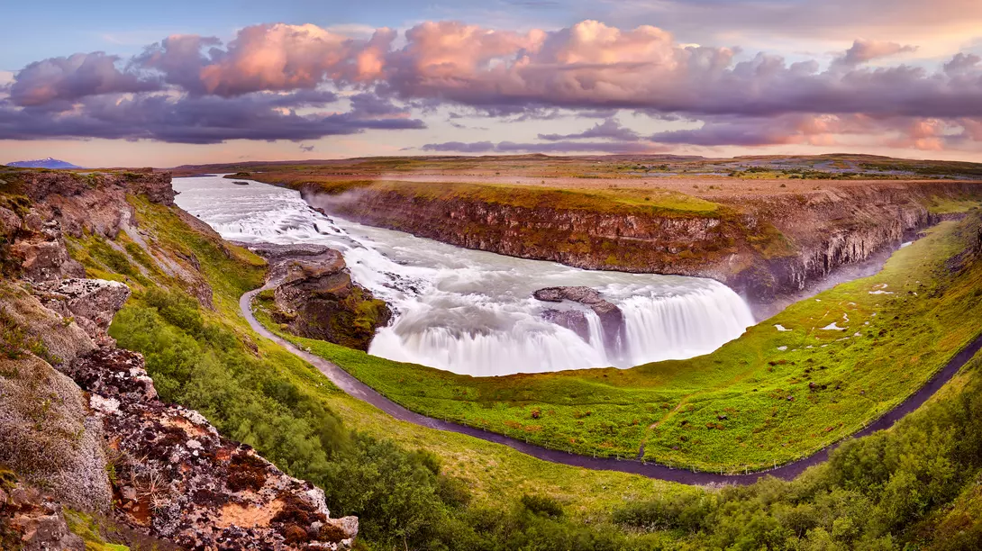 Panoramic view on Gullfoss waterfall on the Hvíta river, a popular tourist attraction and part of the Golden Circle Tourist Route in Southwest Iceland. 