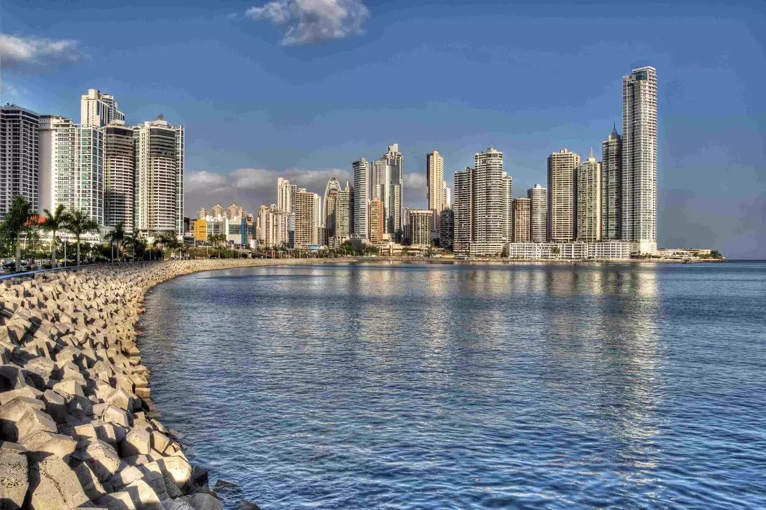 Panama City skyline and the Panama Bay.