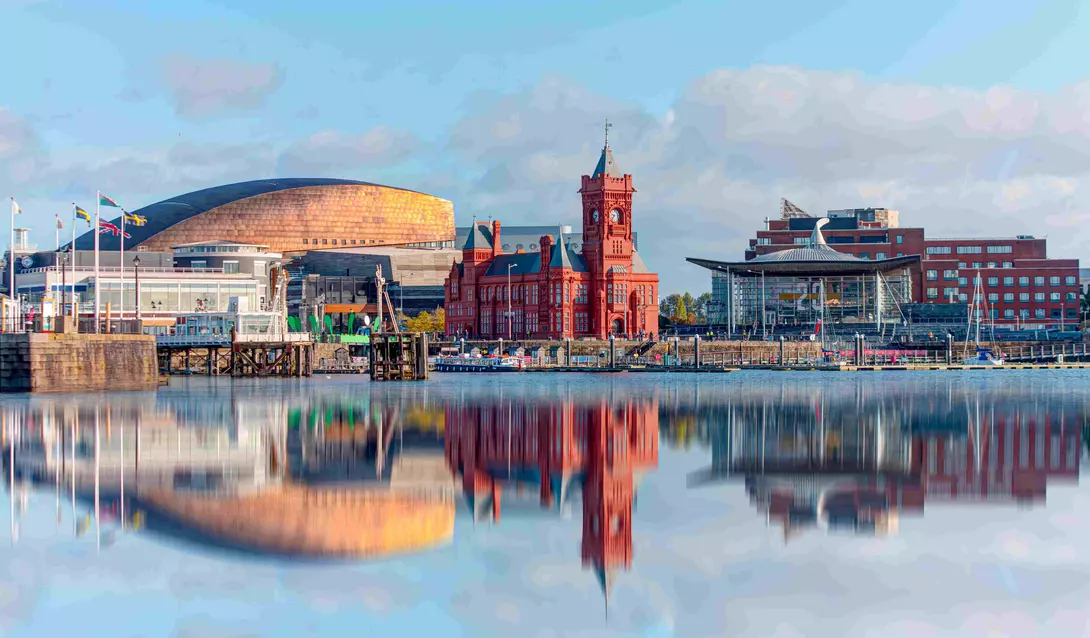 Panoramic view of Cardiff Bay, Wales.