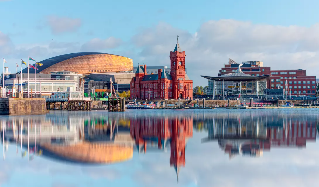 Panoramic view of Cardiff Bay, Wales.