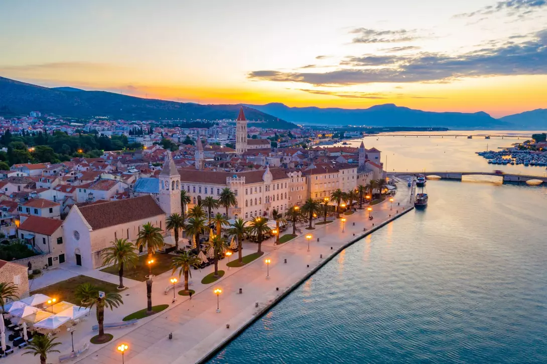 Sunrise view of seaside of Croatian town Trogir.