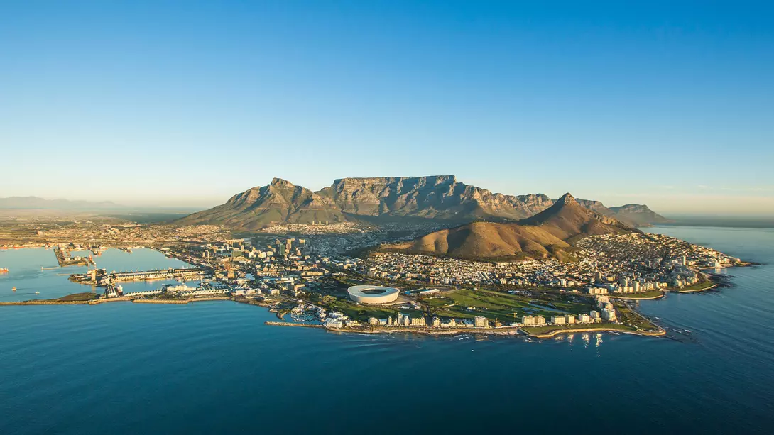 Aerial view of Cape Town on the edge of the Atlantic and Southern Oceans with Table Mountain as its backdrop