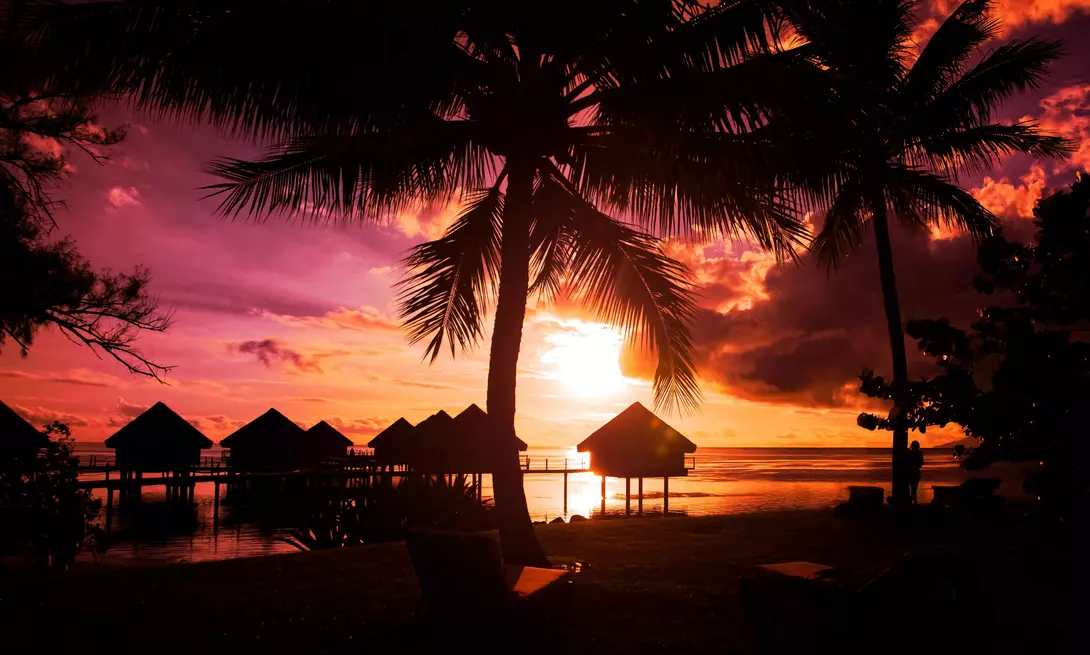 sunset of overwater bungalows and palm trees on beach