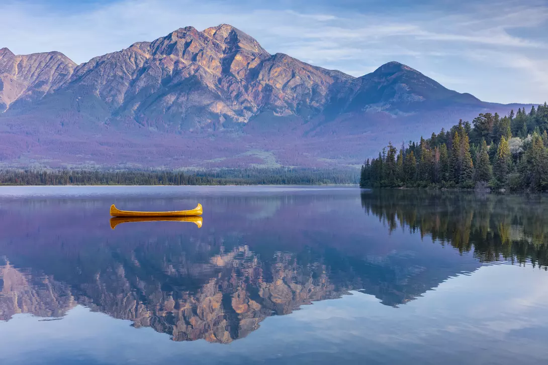 Canoe on Pyramid Lake in Jasper National Park
