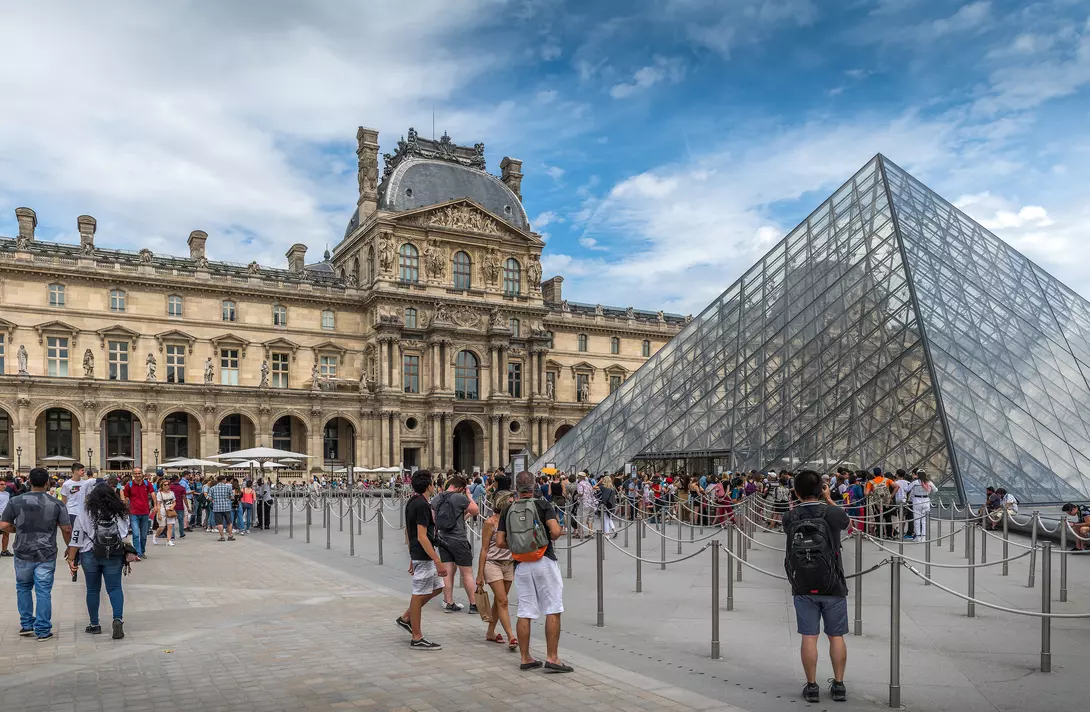 The central entrance courtyard to the Louvre Museum