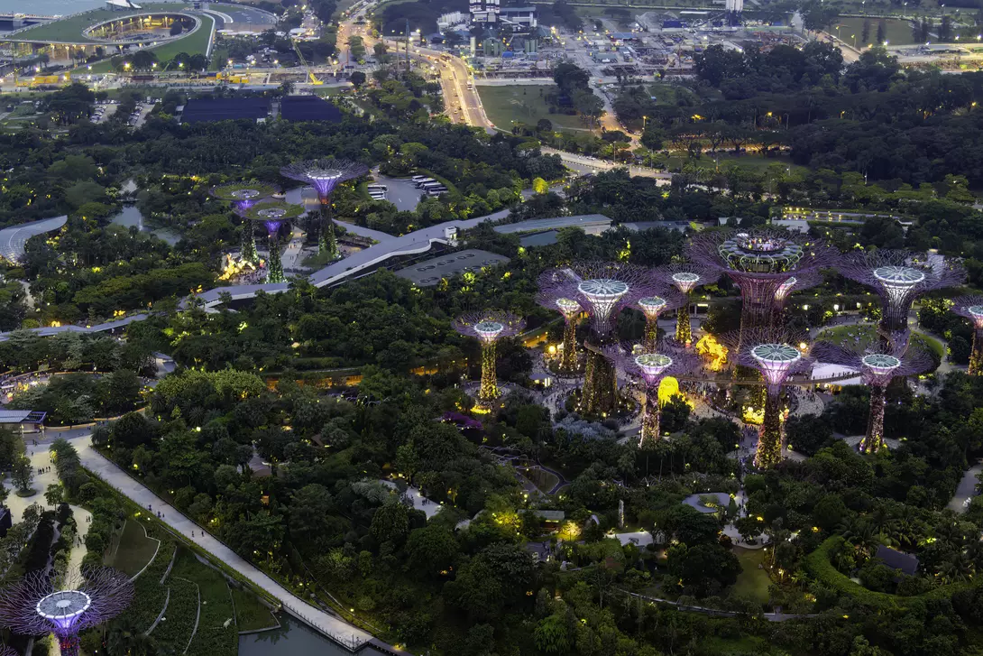 Aerial view of The Supertree Grove, Cloud Forest and Flower Dome at Gardens by the Bay at night