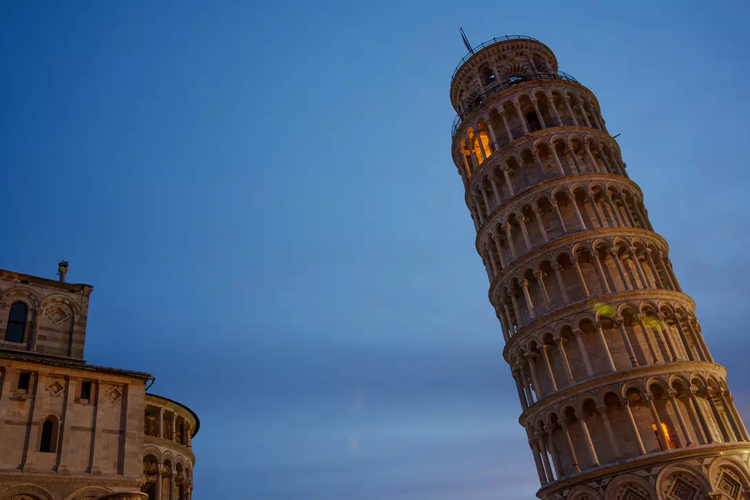 Pre-Dawn Shot of Leaning Tower of Pisa with Duomo in the Campo dei Miracoli, Pisa, Italy