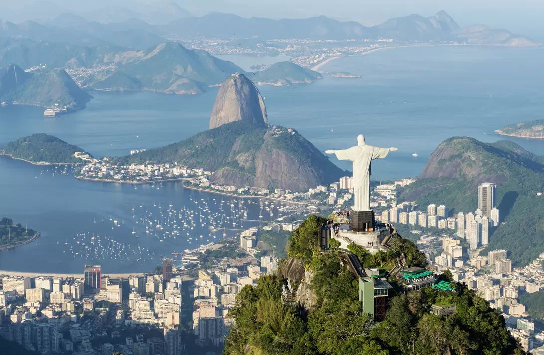Aerial view of the city of Rio de Janeiro with the Corcovado mountain and the statue of Christ the Redeemer