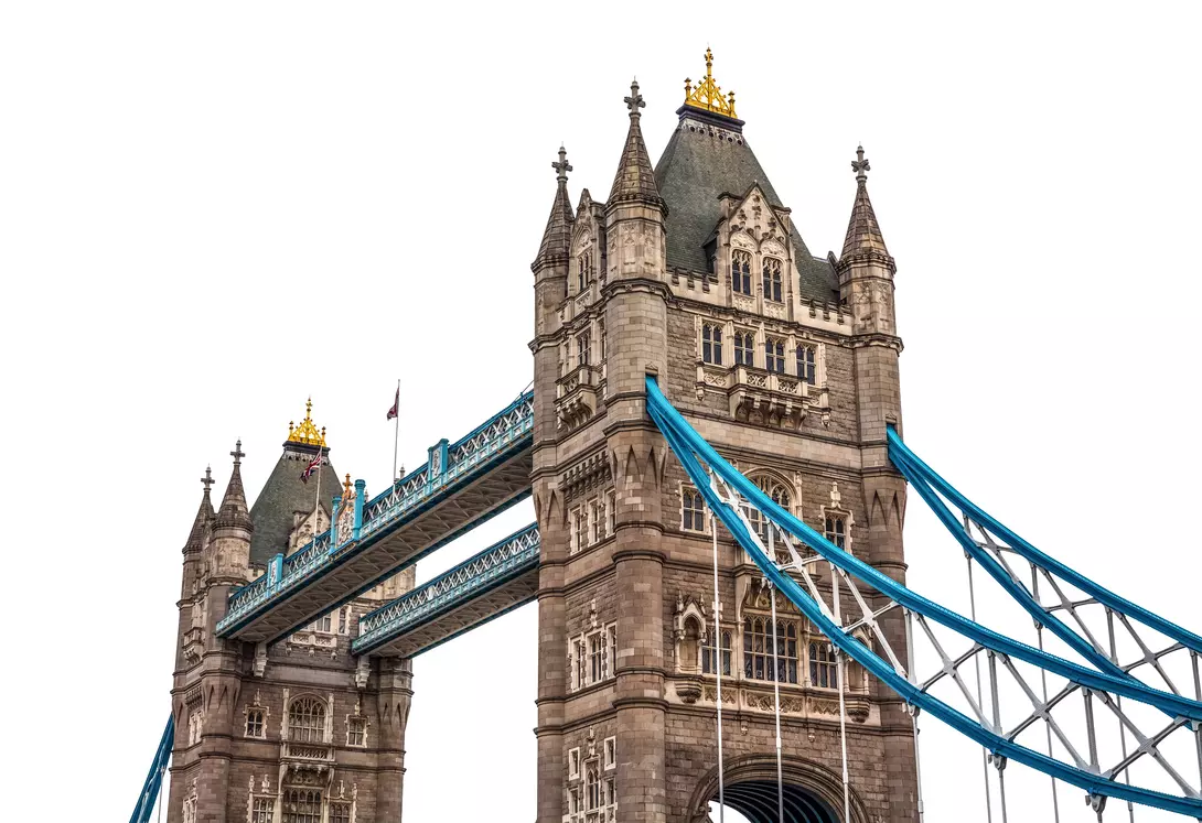 Tower Bridge in London (UK) on a white background.