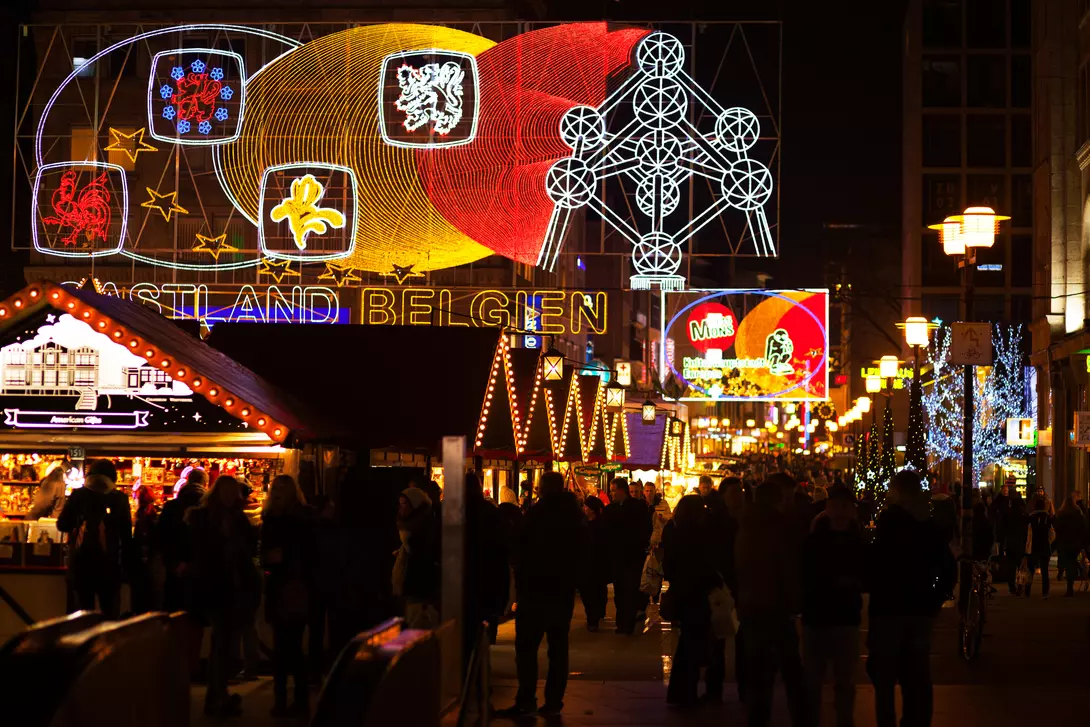 Night shot of first part of christmas market