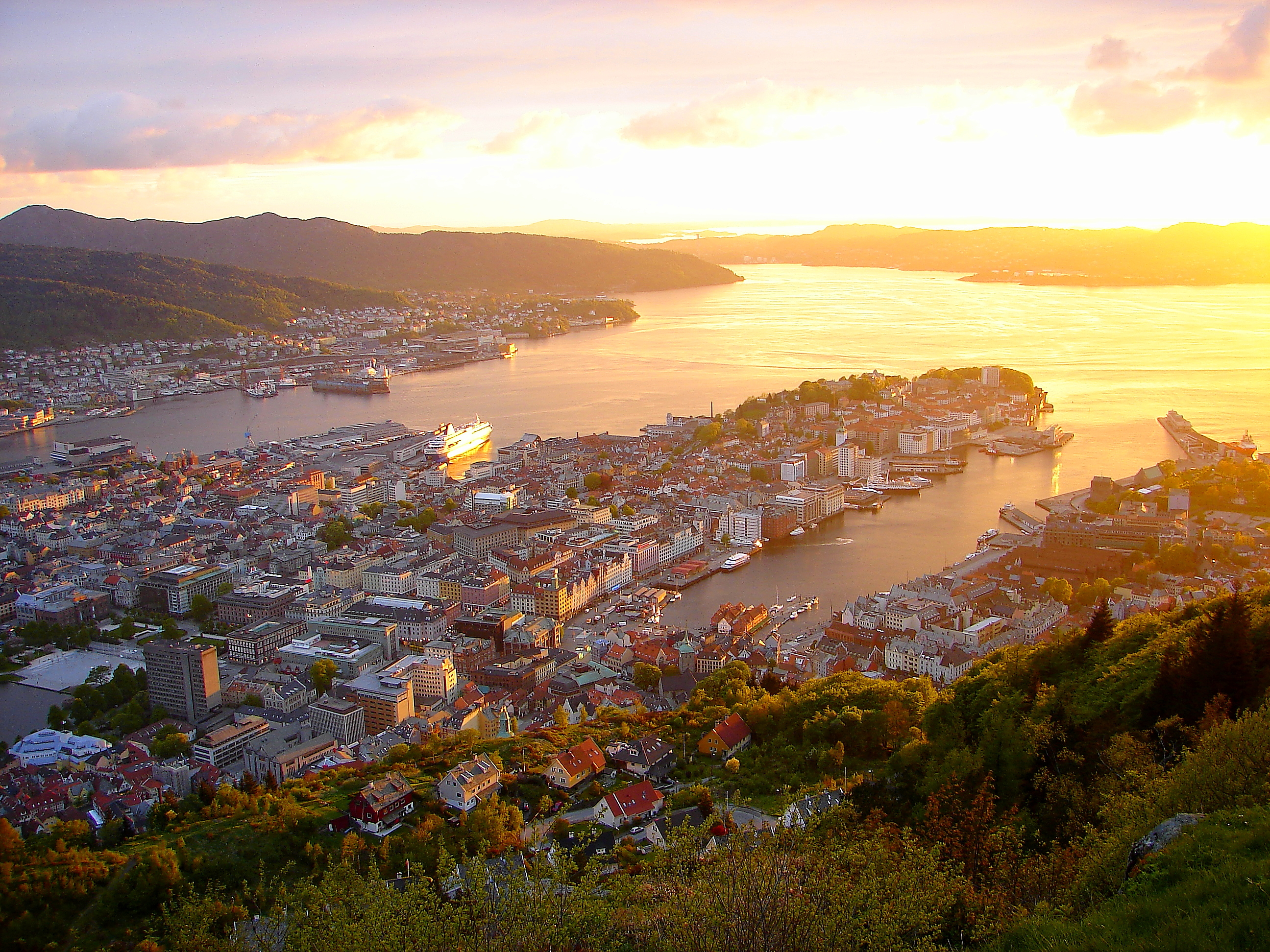 Bergen, fjords gateway panorama, dramatic sunset, Norway
