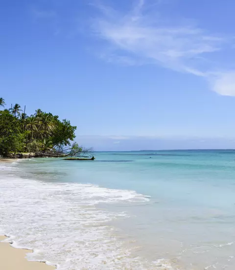 White sand beach on a tropical island surrounded by a turquoise sea.