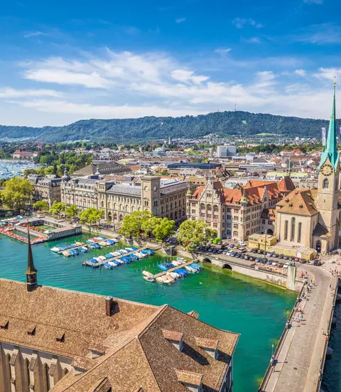 Aerial view of Zürich city center with famous Fraumünster Church and river Limmat at Lake Zurich from Grossmünster Church