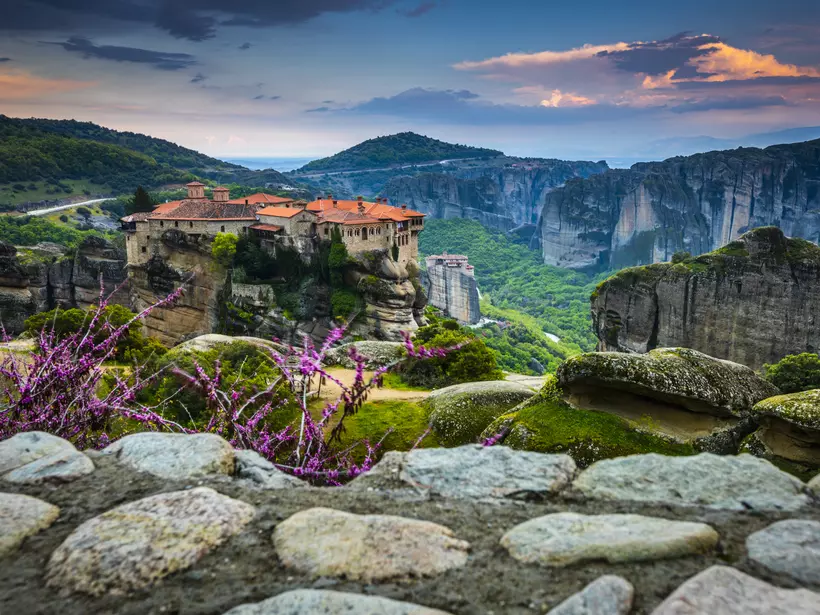 The monasteries of Meteora, resting on natural sandstone pillars, were founded by monk Athanasios Meteoritis in 1356